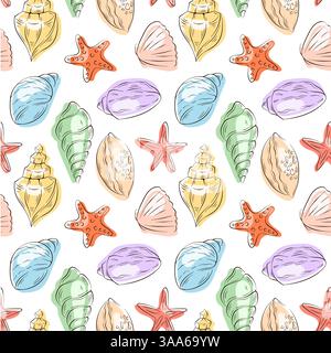 Motivo senza cuciture con conchiglia piatta colorata e stelle marine in un tema marino disegnato a mano. Perfetto per decorazioni in spiaggia, design ispirato all'oceano e tessuti Illustrazione Vettoriale