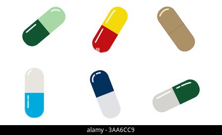 Una serie di pillole isolate su bianco. Collezione colorata di capsule mediche. Illustrazione Vettoriale