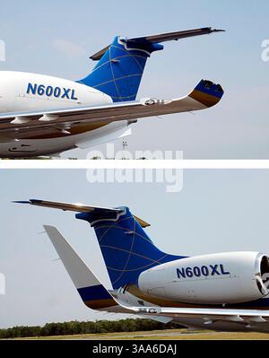 1 ottobre 2006; Brasilia, BRASILE; combinazione di immagini pubblicate il 1 ottobre 2006 dall'aeronautica brasiliana che mostrano lo stabilizzatore verticale danneggiato e l'aletta del business jet Legacy 600 che si è scontrato con un Boeing 737-800 di GOL Airlines, causando l'incidente del jet passeggeri nella giungla amazzonica. Il volo GOL 1907 si schiantò alla fine di settembre 29 dopo un contatto aereo con la Legacy mentre volava verso la capitale Brasilia da Manaus. La Legacy, prodotta dalla Embraer del Brasile, è stata in grado di effettuare un atterraggio di emergenza in una remota striscia dell'Air Force nella giungla. Viene visualizzato il lato destro del piano (in basso) Foto Stock