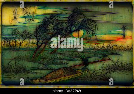 Un tranquillo paesaggio presenta un tranquillo corpo d'acqua delimitato da alte erbe e alberi stagliati. Una piccola barca riposa tranquillamente lungo la riva mentre il sole tramonta, proiettando un caldo bagliore sul cielo e riflettendo sulla superficie dell'acqua. La scena evoca un senso di pace e tranquillità, arricchito da linee artistiche e colori che creano un'atmosfera da sogno., arte classica con un tocco moderno reinventata da Artotop, basata su No. 32: Seba, dalla serie sessantanove stazioni del Kisokaido (Kisokaido rokujukyu tsugi no uchi), c. 1835/38, Utagawa Hiroshige 歌川 広重, giapponese, 1797-1858, Giappone, colore woodbl Foto Stock