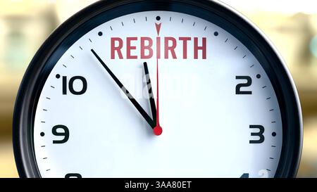 Rinascita che accadrà presto. Rinascita in arrivo, in avvicinamento nel prossimo futuro. Rinascita quasi qui, in breve tempo - un orologio simboleggia un re Foto Stock