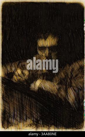 Una figura si appoggia su una superficie, la loro espressione focalizzata suggerisce una concentrazione profonda. L'area circostante è scura, enfatizzando l'intensità del momento, con linee e texture che creano un'atmosfera dinamica e quasi astratta. Arte classica con un tocco moderno reinventata da Artotop, basata su Un Painter-Etcher (Autoritratto), 1889, Anders Zorn, svedese, 1860-1920, Svezia, incisione su carta tessuta avorio, 112 x 72 mm (immagine), 118 x 79 mm (piastra), 492 x 395 mm (foglio) Foto Stock