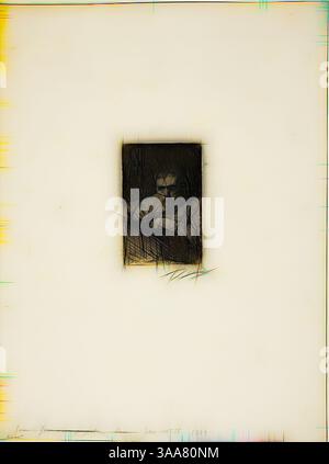 Una figura si trova in contemplazione, parzialmente oscurata da un mucchio di texture, circondata da un bordo netto e minimalista che enfatizza la solitudine e l'introspezione., arte classica con un tocco moderno reinventata da Artotop, basata su Un Painter-Etcher (Autoritratto), 1889, Anders Zorn, svedese, 1860-1920, Svezia, incisione su carta posata in avorio, 111 x 72 mm (immagine), 118 x 89 mm (piastra), 397 x 298 mm (foglio) Foto Stock