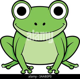 Illustrazione vettoriale di una simpatica rana verde con grandi occhi e un volto felice, che rappresenta anfibi, natura e fauna selvatica. Illustrazione Vettoriale