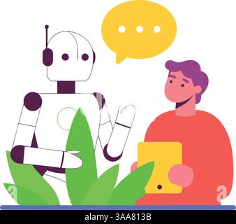 Illustrazione vettoriale di un robot umanoide che interagisce con una persona, simboleggiando l'intelligenza artificiale, la tecnologia chatbot e la comunicazione futura. Illustrazione Vettoriale