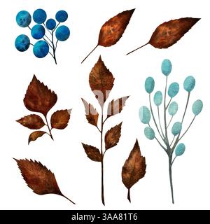 Meravigliosi frutti di bosco e foglie blu. Illustrazione acquerello, oggetti isolati da un set di grandi dimensioni Foto Stock
