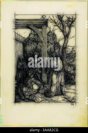 Una scena drammatica raffigura un gruppo di figure in un ambiente cupo, con una struttura alta sullo sfondo. Una figura si inginocchia mentre altri osservano, creando un'atmosfera di tensione e contemplazione, circondata da alberi ed elementi architettonici che suggeriscono uno svolgimento narrativo., arte classica con un tocco moderno reinventata da Artotop, basata su Cristo che prende congedo di sua madre, dalla vita della Vergine, c. 1504, pubblicato nel 1511, Albrecht Dürer, tedesco, 1471-1528, Germania, Woodcut in carta posato nera su abbronzatura, 303 x 210 mm (immagine), 433 x 300 mm (foglio) Foto Stock