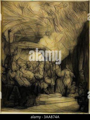 Un paesaggio surreale caratterizzato da forme astratte che suggeriscono un ambiente cavernoso, con linee e texture intricate che creano un senso di profondità e mistero. La scena è illuminata da un bagliore etereo che esalta le forme e le ombre drammatiche., arte classica con un tocco moderno reinventata da Artotop, basata sulla morte della Vergine, 1639, Rembrandt van Rijn, olandese, 1606-1669, Olanda, disincrostazione elettrolitica e punto di essiccazione su carta posata in avorio, 397 x 315 mm (foglio rivestito all'interno del contrassegno della piastra) Foto Stock
