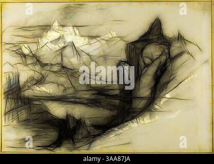 Un paesaggio astratto è caratterizzato da montagne frastagliate e valli fluide, con linee e texture intricate che trasmettono un senso di profondità e movimento. La composizione fonde forme sorprendenti con un senso di mistero atmosferico, invitante contemplazione del mondo naturale., arte classica con un tocco moderno reinventata da Artotop, basato su Mountain Landscape, 1834/73, attribuito a John Ruskin, inglese, 1819-1900, Inghilterra, gesso nero, con taglio, spazzola e lavaggio grigio e gouache bianco, su carta tessuta grigia, punta su carta tessuta verde, 261 x 365 mm Foto Stock