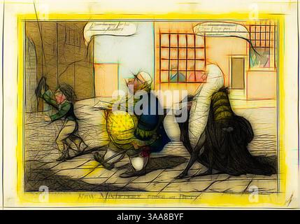 Una scena stravagante con tre personaggi in abbigliamento storico, con espressioni e gesti esagerati, sullo sfondo di edifici. Una figura sembra essere drammaticamente gestiva mentre un'altra accovacciata, suggerendo un momento di intrigo o tensione tra il gruppo., arte classica con un tocco moderno reinventata da Artotop, basata su New Ministers Going on Duty, pubblicato il 14 febbraio 1806, Charles Williams (inglese, attivo 1797-1830), pubblicato da S. W. Fores (inglese, attivo 1785-1825), Inghilterra, incisione colorata a mano su carta posato avorio, 335 x 228 mm (immagine), 245 x 352 mm (piastra), 270 Foto Stock