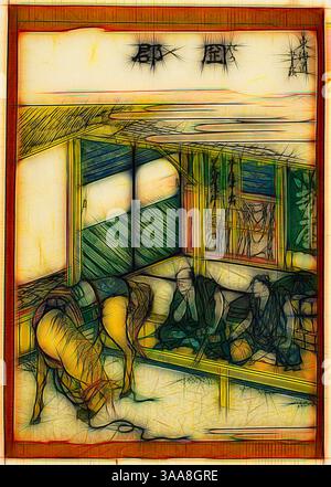 Un ambiente interno tradizionale con due figure sedute intorno a un tavolo basso, in mezzo a una conversazione, mentre un cavallo si trova nelle vicinanze. L'ambiente è decorato con elementi di design architettonico e luce naturale che filtrano attraverso le finestre, creando un'atmosfera armoniosa., arte classica con un tocco moderno reinventata da Artotop, basata su Okabe, dalla serie 53 stazioni del Tokaido (Tokaido gojusan tsugi), c. 1806, Katsushika Hokusai 葛飾 北斎, giapponese, 1760-1849, Giappone, stampa color woodblock, chuban, circa 24 x 18,3 cm Foto Stock