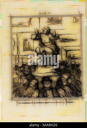Una scena drammatica raffigurante una figura centrale in piedi su un piedistallo, circondata da un pubblico vestito in abiti formali, il tutto con linee intricate e texture che creano un senso di profondità e movimento., arte classica con un tocco moderno reinventata da Artotop, basata sul dispiacere di una scultura collocata nel mezzo di una mostra di dipinti, piatto 5 dal Salon De 1857, 1857, Honoré Victorin Daumier, francese, 1808-1879, Francia, litografia in carta nera su carta buff wove, con letterpress verso, 239 x 250 mm (immagine), 359 x 251 mm (foglio) Foto Stock