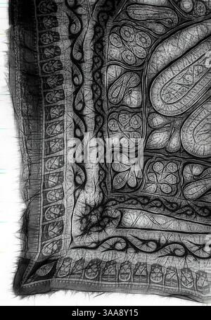 Un tessuto dal design sofisticato con motivi elaborati e delicate frange, caratterizzato da un mix di motivi vorticosi ed elementi geometrici. L'artigianato dettagliato mette in risalto l'arte e il patrimonio culturale dietro la sua creazione. Arte classica con un tocco moderno reinventata da Artotop, basata su Shawl, anni '1860, India orientale, India, lana cashmere, composta da molti pezzi di twill semplice ricamato, 195,6 x 191,8 cm (77 x 75 1/2 poll.) Foto Stock