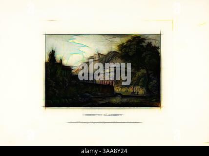 Un tranquillo paesaggio caratterizzato da un edificio storico circondato da alberi lussureggianti e da un tranquillo corso d'acqua, con un cielo spettacolare in alto. Linee morbide e ombreggiature artistiche creano un'atmosfera da sogno. Arte classica con un tocco moderno reinventata da Artotop, basata sulla Chiesa di Sant'Andrea, piatto diciotto dalle rovine di Roma, pubblicato l'11 ottobre 1796, M. Dubourg, (inglese, Active 1786-1838), pubblicato da J. Merigot (Italiano, sconosciuto), Inghilterra, acquatinta colorata a mano su carta, 330 x 448 mm (foglio) Foto Stock