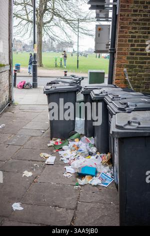 Bidoni neri in un vicolo nel sud di Londra con spazzatura in strada. Foto Stock