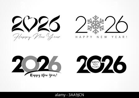 Grande set di testo con logo 2026 con cuore, fiocco di neve e simboli semplici. Modello di numeri orizzontali per le schede Happy New Year 2026 o le copertine del calendario Illustrazione Vettoriale