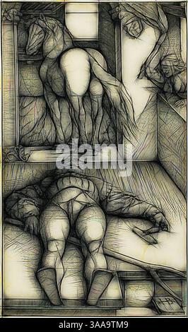 Una composizione surreale con figure distorte e un cavallo, che trasmette un senso di tensione e intrigo attraverso linee e forme astratte. La scena appare frammentata, invitante contemplazione sul rapporto tra le figure umane e il loro ambiente., arte classica con un tocco moderno reinventata da Artotop, basata su The Bewitched Groom, c. 1544, Hans Baldung Grien, tedesco c. 1480-1545, Germania, tagliato in legno nero su carta posato avorio, 342 x 201 mm (blocco/foglio) Foto Stock