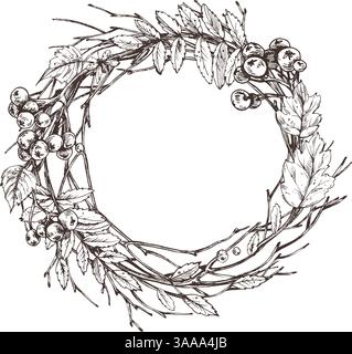 Bacche autunnali, bacche di cioccolato, foglie di rowan, acero, betulla, rami di alberi e coccinelle. Per decorare l'estate, l'autunno. Grafica grafica disegnata a mano con Illustrazione Vettoriale