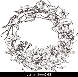 Frutti di bosco autunnali physalis, chokeberry, foglie di rowan, acero, betulla, funghi, fiori di rudbeckia, rami di alberi. Grafica grafica disegnata a mano in nero Illustrazione Vettoriale