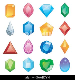Icone di gemme vettoriali e diamanti con colori diversi e forme diverse Illustrazione Vettoriale