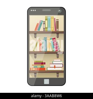 Libreria mobile online in stile piatto. Libri digitali online disponibili per corsi su Internet. App didattiche mobili Illustrazione Vettoriale