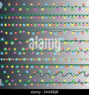 Set di luci garland a colori. Luci natalizie brillanti su sfondo trasparente. Oggetti orizzontali senza giunzioni vettoriali. ghirlanda luminosa e realistica. Incl Illustrazione Vettoriale