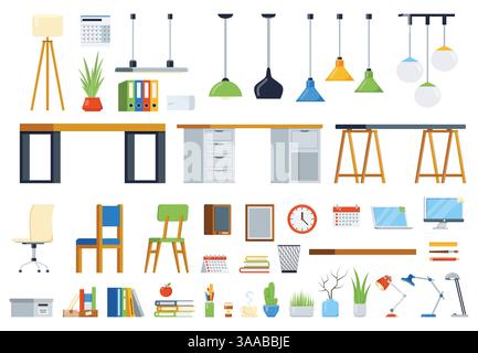 Arredi, accessori e piante per interni moderni. Kit per la creazione del luogo di lavoro. Gruppo di elementi vettoriali Illustrazione Vettoriale