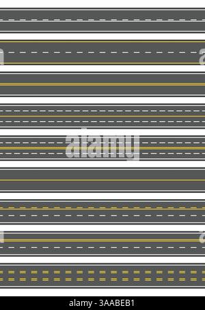 Set senza cuciture di nove diversi tracciati stradali. Vista dall'alto delle strade asfaltate rettilinee orizzontali. Modelli con marcature bianche e gialle diverse, asfalto Illustrazione Vettoriale