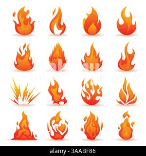 Fiamme colorate in stile piatto. Semplice, fuoco delle icone. Set vettoriale di icone di fuoco e fiamma Illustrazione Vettoriale