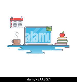 Banner dal design sottile di Creative Workspace. Postazione di lavoro con notebook, calendario, libri, caffè e mele. Illustrazione vettoriale moderna piatta Illustrazione Vettoriale