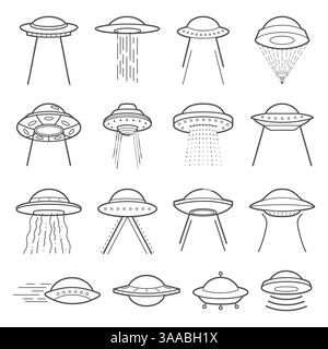 Elementi vettoriali del logo UFO. Simbolo mistico fenomeni paranormali, primo contatto, invasione di alieni Illustrazione Vettoriale