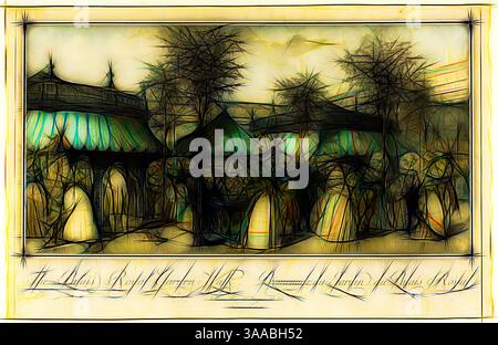 Una rappresentazione artistica di una scena di mercato caratterizzata da intricate strutture e tettoie, circondate da alberi ed energia vivace, il tutto reso in modo stilizzato che enfatizza la consistenza e la linea. Le parole in basso evidenziano la posizione, evocando un senso di storia e comunità., arte classica con un tocco moderno reinventata da Artotop, basata su le Palais Royal Garden Walk, 1787, Louis le Coeur, francese, attivo 1780-1806, Francia, incisione su carta Foto Stock