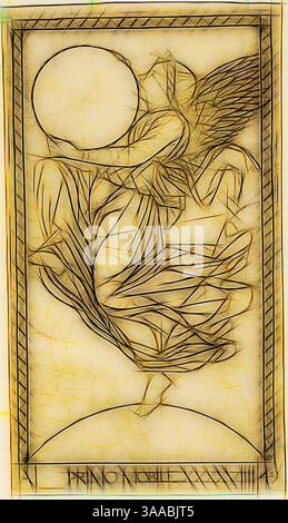 Una rappresentazione astratta di una figura che abbraccia una forma circolare, intrecciata con linee fluide e forme organiche che suggeriscono movimento e armonia. La composizione enfatizza le curve dinamiche, creando un senso di energia e di connessione con la natura., arte classica con un tocco moderno reinventata da Artotop, basata sull'Angelo della Nona sfera, o Primum Mobile, piatto 49 da pianeti e sfere, c. 1465, Maestro dei Tarocchi della serie e, italiano, attivo c. 1465, Italia, incisione in nero su carta tan, 166 x 96 mm (immagine), 177 x 100 (piatto), 182 x 104 mm (foglio) Foto Stock