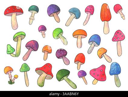 Set autunnale Clipart con funghi colorati. Illustrazione fatta a mano con acquerello Foto Stock