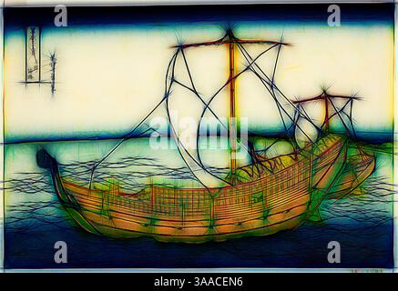 Una rappresentazione stilizzata di antiche navi che navigano attraverso acque tranquille, caratterizzata da linee intricate e colori vivaci che evocano un senso di avventura ed esplorazione. Arte classica con un tocco moderno reinventata da Artotop, basata su Sea Lane al largo della provincia di Kazusa (Kazusa no kairo), dalla serie trentasei vedute del Monte Fuji (Fugaku sanjurokkei), c. 1830/33, Katsushika Hokusai 葛飾 北斎, giapponese, blocco 1760-1849, Giappone, stampa a colori oban, 1/6 x 11/16 poll. Foto Stock