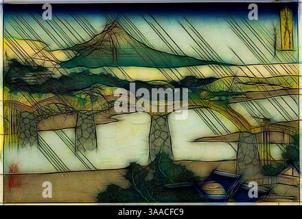 Una rappresentazione stilizzata di un paesaggio montuoso, caratterizzato da una cima prominente sullo sfondo, stratificato da linee surreali e colori vivaci. In primo piano, strutture astratte e percorsi tortuosi creano un senso di movimento e profondità, evocando un'atmosfera da sogno. Arte classica con un tocco moderno reinventata da Artotop, basata sul ponte Kintai nella provincia di suo (sul no kuni Kintaibashi), dalla serie viste insolite dei ponti famosi in varie province (Shokoku meikyo kiran), c. 1833/34, Katsushika Hokusai 葛飾 北斎, Japan, 1760-1849, Japanese color, Japan oban, 10 x 15 poll. Foto Stock