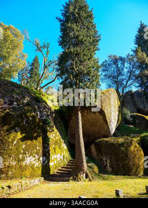 Enorme masso mistico di granito nella montagna di Penha, Guimaraes, Portogallo Foto Stock