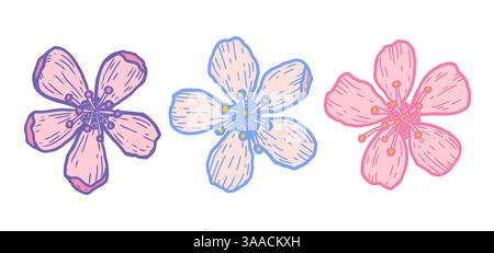 Icone vettoriali dei fiori di ciliegio in stile doodle. Schizzo vettoriale di fiori sakura. Illustrazione Vettoriale