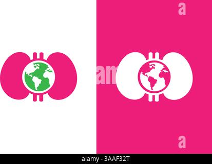 Combinazione di reni umani e logo a globo. Modello esclusivo di design per logotipo di organo e terra. Illustrazione Vettoriale