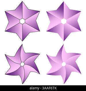 A forma di petalo viola. Fiori geometrici morbidi. Vettore stella rotante. Stile colore sfumatura. Illustrazione Vettoriale