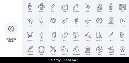Creazione di contenuti artistici creativi, portfolio di icone di linea per creatori e artisti. Strumenti di creazione per creare e modificare musica e film, fotografie sottili simboli di contorno neri e rossi illustrazione vettoriale Illustrazione Vettoriale