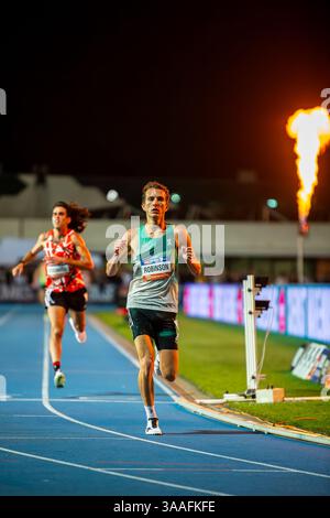 Melbourne, Australia. 29 marzo 2025. KY Robinson vince la gara dei 5000 m presso lo stabilimento di Maurie 2025 per il World Athletics Continental Tour Gold. 2025 Maurie Plant Invitational - World Athletics Continental Tour Gold. Credito: SOPA Images Limited/Alamy Live News Foto Stock
