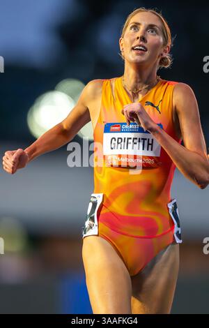 Melbourne, Australia. 29 marzo 2025. Georgia Griffith, australiana, finisce seconda nella gara femminile dei 3000 m presso lo stabilimento di Maurie 2025 per il World Athletics Continental Tour Gold. 2025 Maurie Plant Invitational - World Athletics Continental Tour Gold. Credito: SOPA Images Limited/Alamy Live News Foto Stock