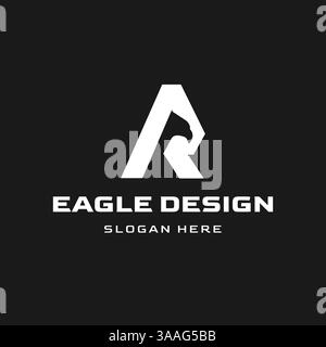 Design esclusivo e moderno con logo che forma la lettera R con simbolo della testa dell'aquila illustrazione vettoriale su sfondo scuro Illustrazione Vettoriale