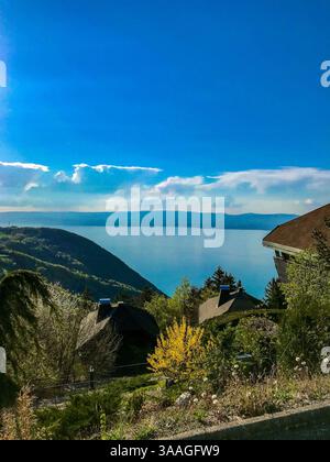 Vista panoramica del Lago di Ginevra dalle Alpi francesi Una vista panoramica mozzafiato del Lago di Ginevra dalle Alpi francesi, in alta Savoia, Francia. Foto Stock