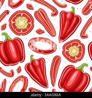 Motivo Vector Red Pepper Seamless, sfondo quadrato con vari cartoni animati di peperoni dolci per avvolgere la carta, cartellone con gruppo di piatti Who Illustrazione Vettoriale