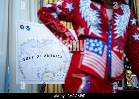 Washington, DC, USA. 31 marzo 2025. Un poster "Golfo d'America" presso l'Ufficio ovale della Casa Bianca a Washington, DC, USA, lunedì 31 marzo, 2025. l'ordinanza indirizza la Federal Trade Commission a collaborare con il Dipartimento di giustizia per garantire che le leggi sulla concorrenza siano applicate nel settore dei concerti e dell'intrattenimento e spinge le autorità statali per la protezione dei consumatori a rispettare le norme. Credito: Al Drago/Pool tramite CNP/dpa/Alamy Live News Foto Stock