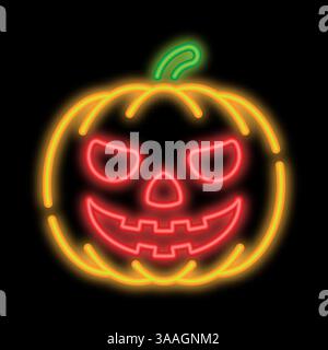 Frutta spaventosa al neon. Zucche d'autunno di Halloween. Icona al neon luminosa isolata su sfondo nero Illustrazione Vettoriale