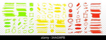 Set tratti marcatori evidenziati - linee, forme e simboli disegnati a mano in verde, giallo e rosso. Elementi grafici di disegno - rettangoli e cerchi, sottolineature e frecce, croci e segni di spunta. Illustrazione Vettoriale