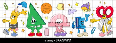 I caratteri di cancelleria della scuola retrò sono stati impostati in modo isolato sullo sfondo della pagina del notebook. Illustrazione vettoriale di matita scanalata, righello, affilatrice, forbici con faccia sorridente, simpatiche mascotte didattiche y2k Illustrazione Vettoriale